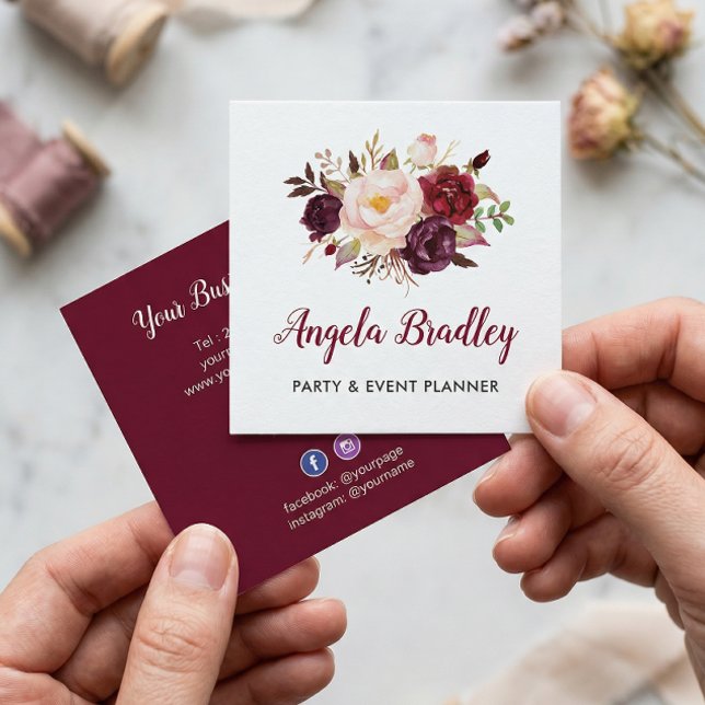 Burgundy Red Pink Floral Rustic Chic Personal Square Business Card (Creator Uploaded)