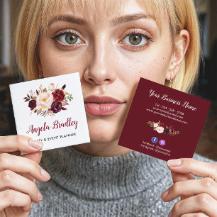 Burgundy Red Pink Floral Rustic Chic Personal Square Business Card
