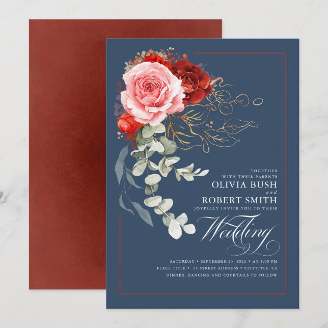 Burgundy Red Pink Flowers Boho Navy Blue Wedding Invitation (Front/Back)