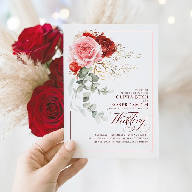 Burgundy Red Pink Flowers Eucalyptus Boho Wedding Invitation (Red and Pink Floral Botanical Elegant Chic Wedding Invitation)