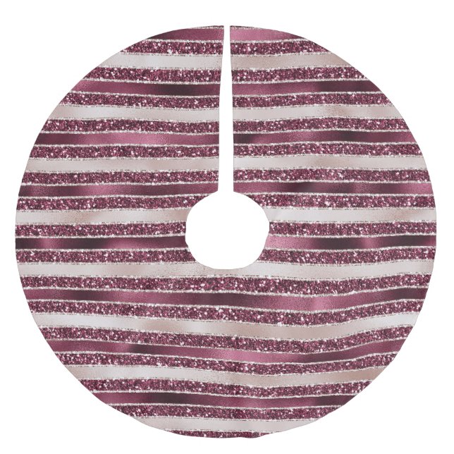 Burgundy Red Pink Rose Gold Glitter Stripes        Brushed Polyester Tree Skirt (Front)