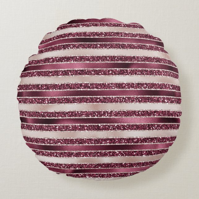 Burgundy Red Pink Rose Gold Glitter Stripes        Round Pillow (Front)