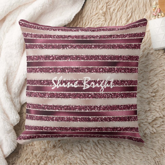 Burgundy Red Pink Rose Gold Glitter Stripes      Throw Pillow (Blanket)