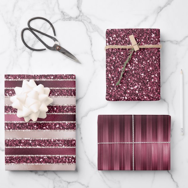 Burgundy Red Pink Rose Gold Glitter Stripes     Wrapping Paper Sheet (Front)