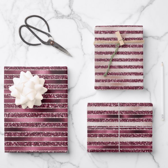 Burgundy Red Pink Rose Gold Glitter Stripes Wrapping Paper Sheet (Front)