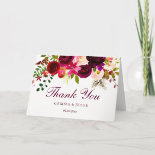 Burgundy Red Purple Floral Boho Wedding Thank You Card