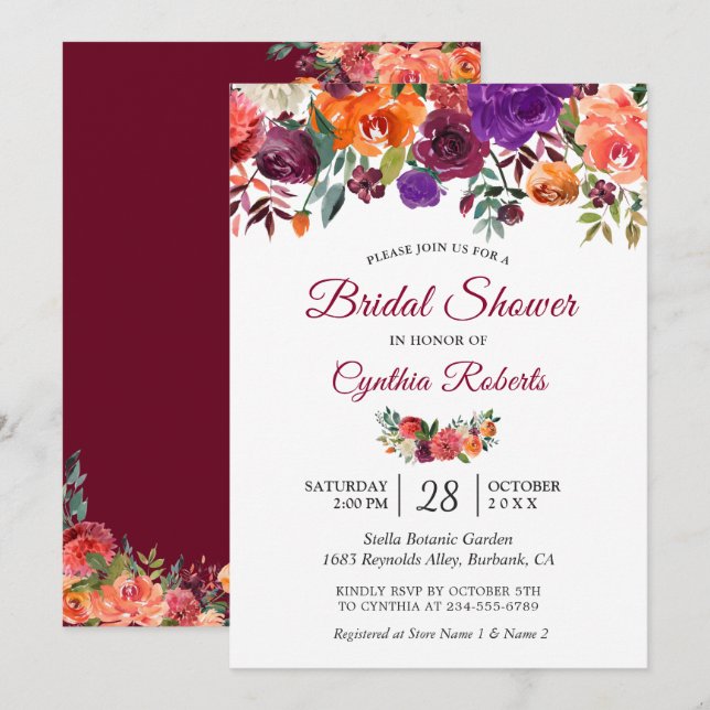 Burgundy Red Purple Orange Floral Bridal Shower Invitation (Front/Back)