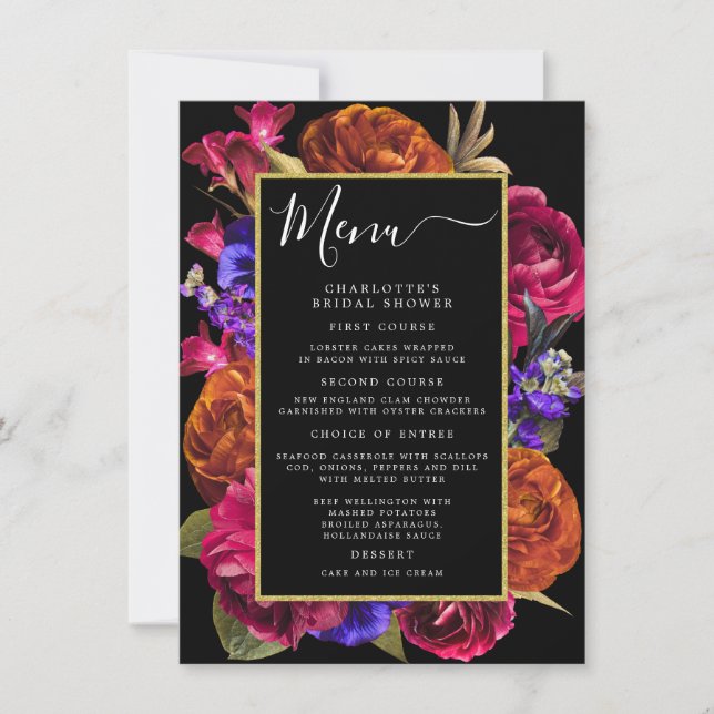 Burgundy Red Purple Orange Floral Menu Invitation (Front)