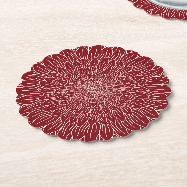 Burgundy red repeat flower floral botanical bevera paper coaster (Angled)