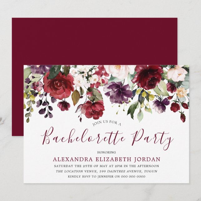 Burgundy Red Romantic Flowers Bachelorette Party Invitation (Front/Back)