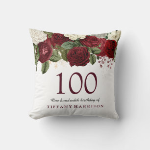 Burgundy Red Rose 100th Birthday Gift Throw Pillow