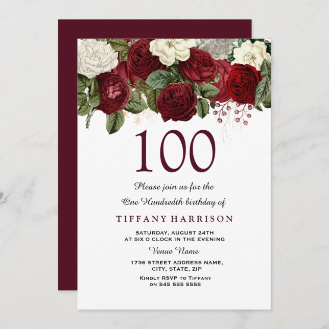 Burgundy Red Rose 100th Birthday Party Invite (Front/Back)