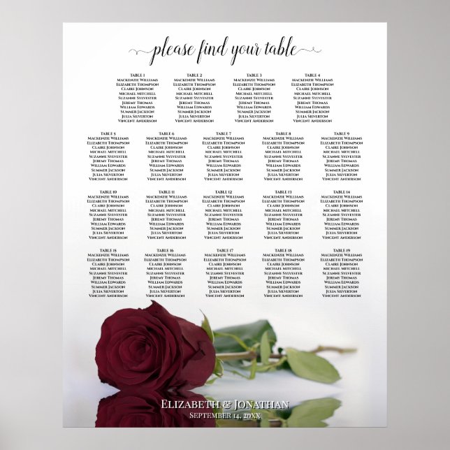 Burgundy Red Rose 19 Table Wedding Seating Chart (Front)
