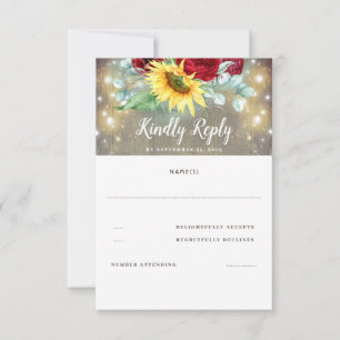 Burgundy Red Rose and Sunflowers Fall Wedding RSVP