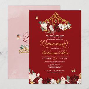Burgundy Red Rose Butterfly Quinceanera Gold Tiara Invitation