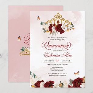 Burgundy Red Rose Butterfly Quinceanera Gold Tiara Invitation