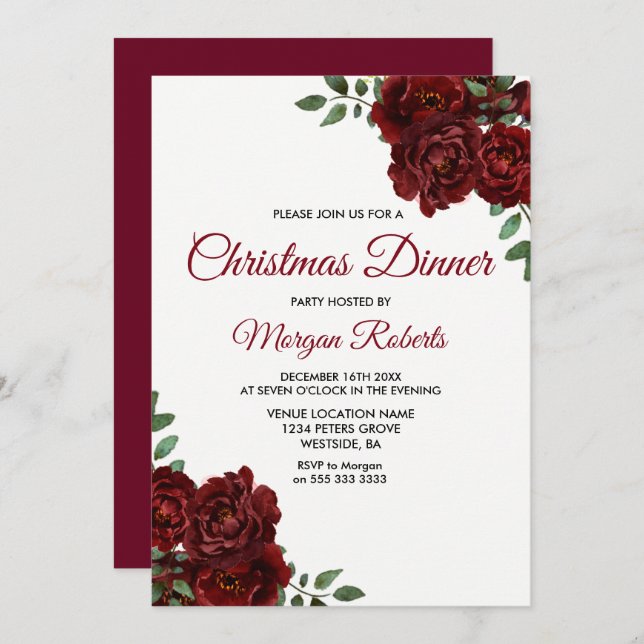 Burgundy Red Rose Christmas Dinner Party Invite (Front/Back)