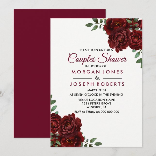 Burgundy Red Rose Floral Couples Shower Invite (Front/Back)
