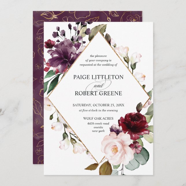Burgundy Red Rose Floral Frame Wedding Invitation (Front/Back)