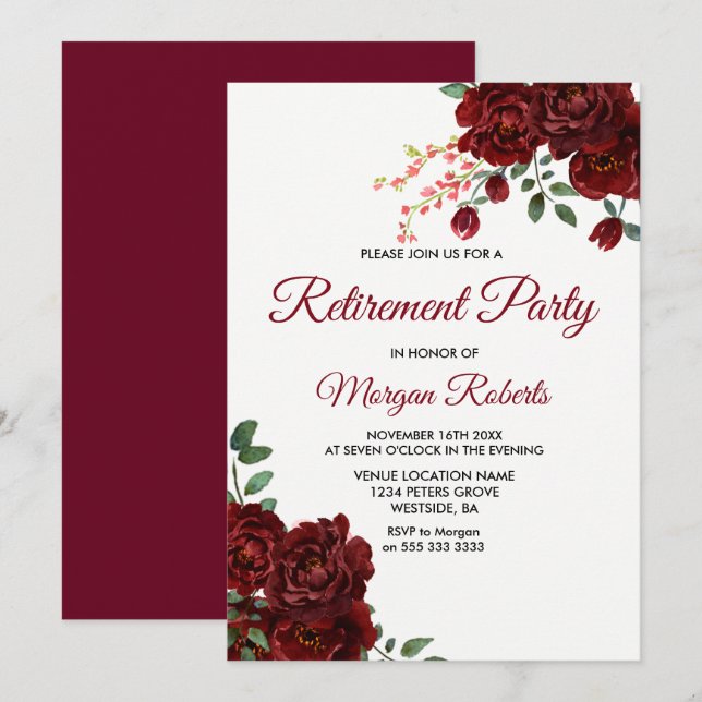 Burgundy Red Rose Floral Retirement Party Invite (Front/Back)