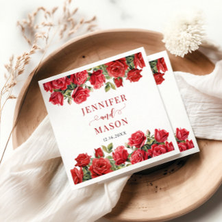 Burgundy Red Rose Floral Wedding Bride Groom Napkin