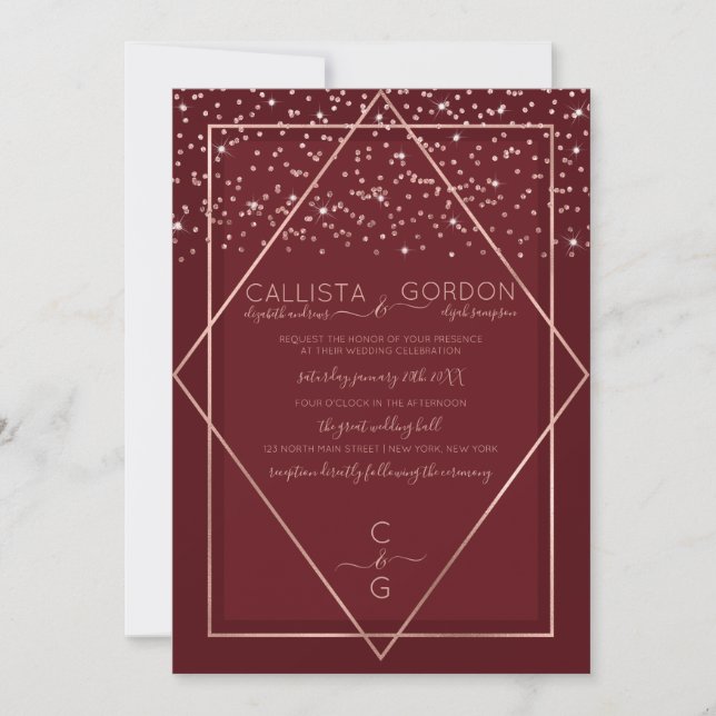 Burgundy Red Rose Gold Confetti Geo Border Wedding Invitation (Front)