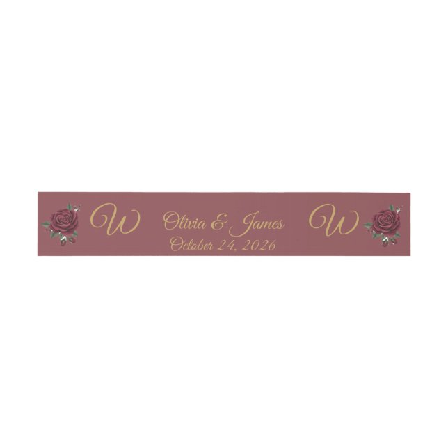 Burgundy Red Rose Gold Script Wedding Invitation  Belly Band (Flat)