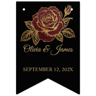 Burgundy Red Rose Moody Black Gold Metallic Foil Bunting Flags