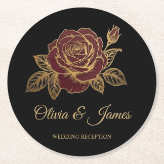 Burgundy Red Rose Moody Dark Romance Wedding Round Paper Coaster