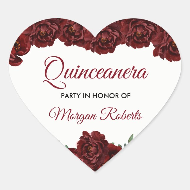 Burgundy Red Rose Quinceanera 15th Birthday Party Heart Sticker (Front)