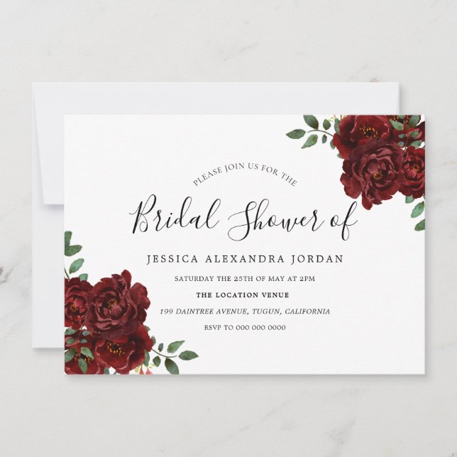 Burgundy Red Rose Romantic Bridal Shower Invitation (Front)