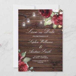 Burgundy Red Rose Rustic Wood SAVE the Date Invitation