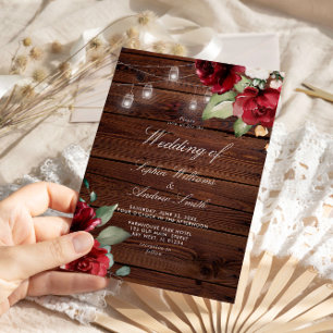 Burgundy Red Rose Rustic Wood Wedding Invitation
