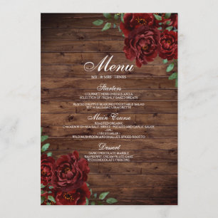 Burgundy Red Rose Rustic Wood Wedding Menu