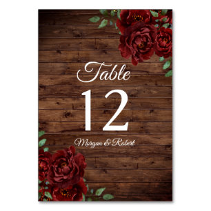 Burgundy Red Rose Rustic Wood Wedding Table Number