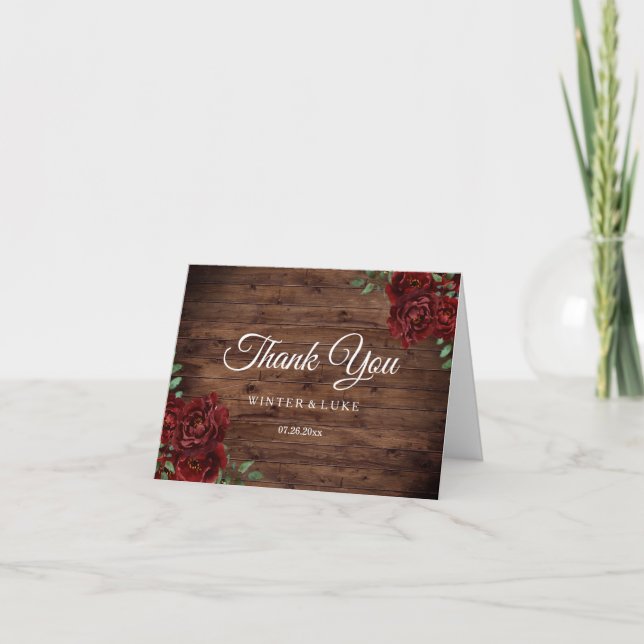 Burgundy Red Rose Rustic Wood Wedding Thank You (Front)
