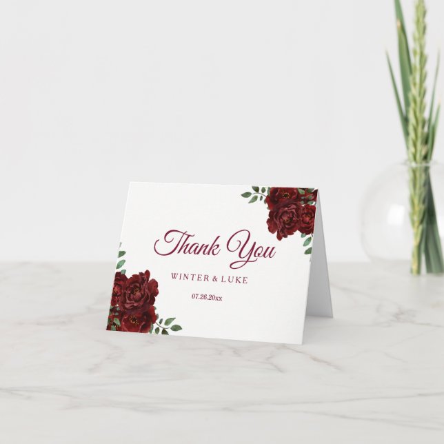 Burgundy Red Rose Wedding or Quinceanera Thank You (Front)