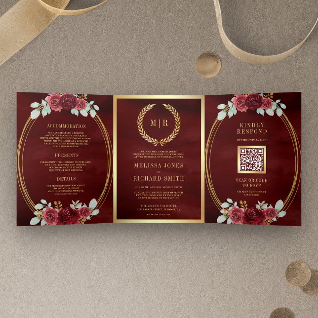 Burgundy Red Roses All in One QR Code Wedding Tri-Fold Invitation (Creator Uploaded)