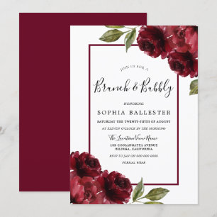 Burgundy Red Roses Bridal Shower Brunch & Bubbly Invitation