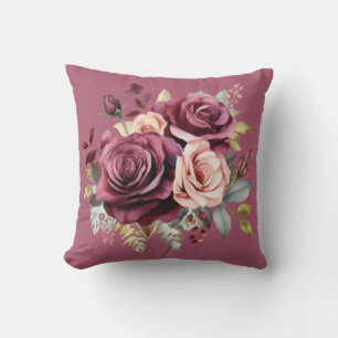 Burgundy Red Roses Classic Floral  Throw Pillow