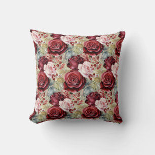 Burgundy Red Roses Classic Floral  Throw Pillow