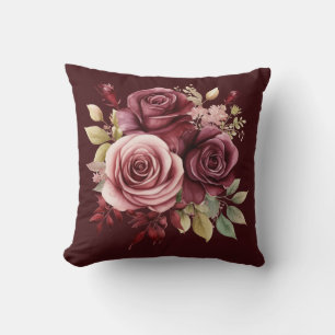 Burgundy Red Roses Classic Floral Throw Pillow