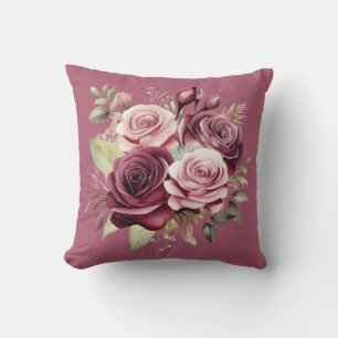 Burgundy Red Roses Classic Floral  Throw Pillow