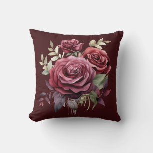 Burgundy Red Roses Classic Floral  Throw Pillow