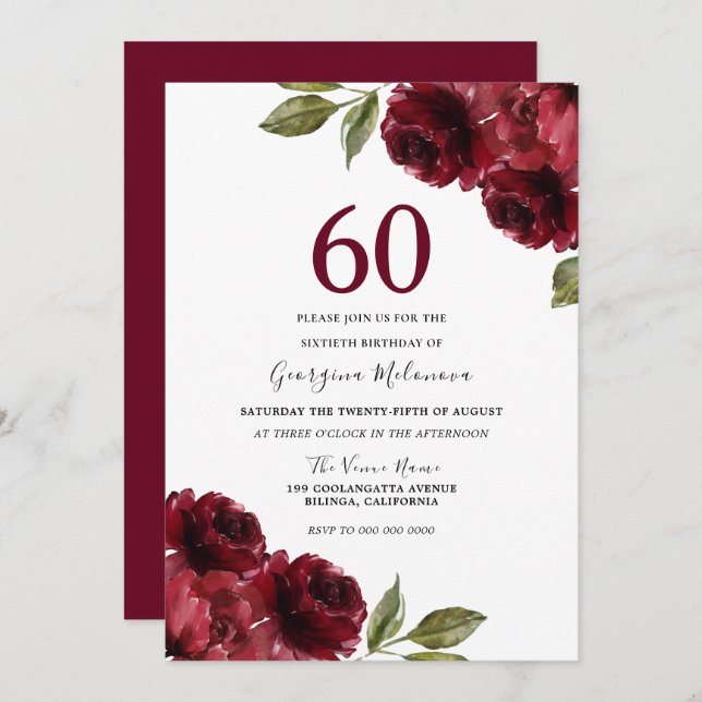 Burgundy Red Roses Elegant 60th Birthday Party Invitation (Front/Back)