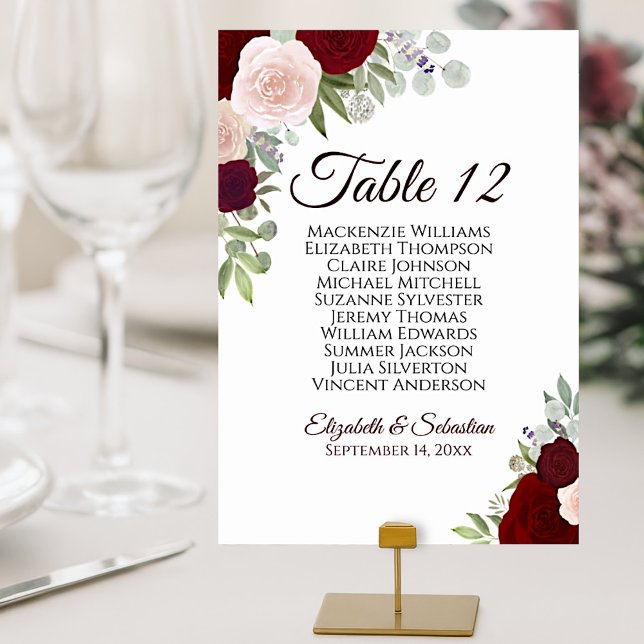 Burgundy & Red Roses Elegant Wedding Seating Chart Table Number (3.5x5 inch card for table display. For larger cards see seating chart section.)