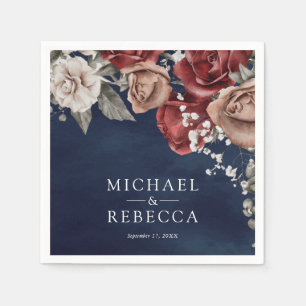 Burgundy Red Roses Floral Navy Blue Wedding Napkin
