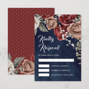 Burgundy Red Roses Floral Navy Blue Wedding RSVP Card