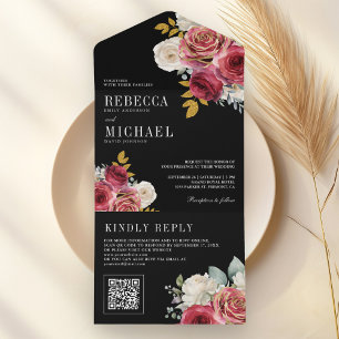 Burgundy Red Roses Floral QR Code Black Wedding All In One Invitation