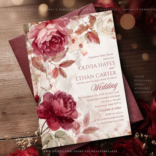 Burgundy Red Roses Floral Vintage Wedding Invitation (Creator Uploaded)